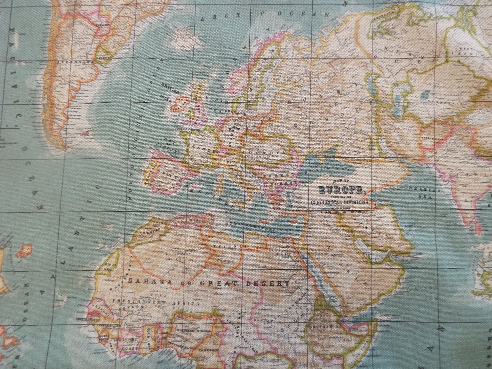 World Map Fabric - DOUBLE WIDTH, 280cm width, maps - per half metre