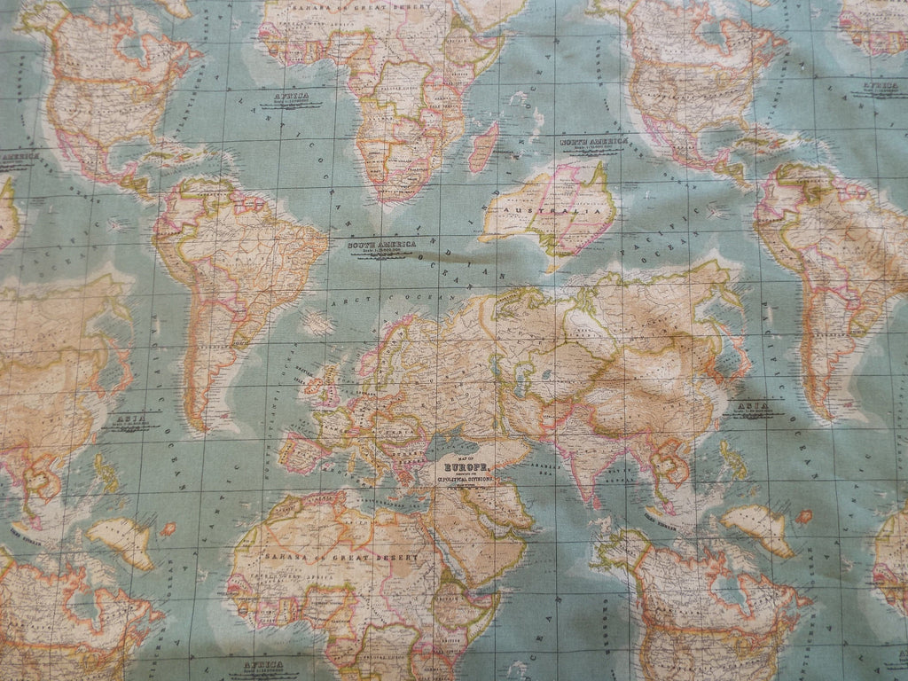 World Map Fabric - DOUBLE WIDTH, 280cm width, maps - per half metre