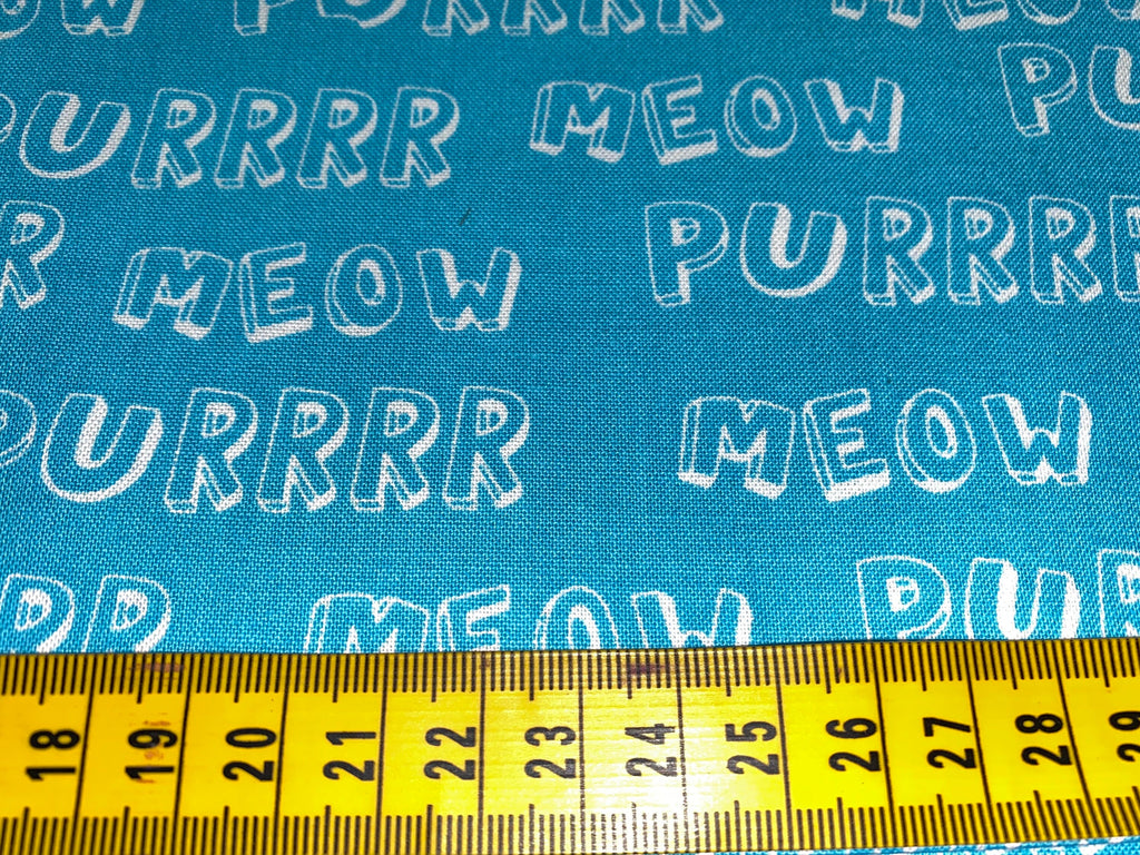 Purrr and Meow Fabric on Turquoise, Cutzie - 100% Cotton Fabric, 110cm width