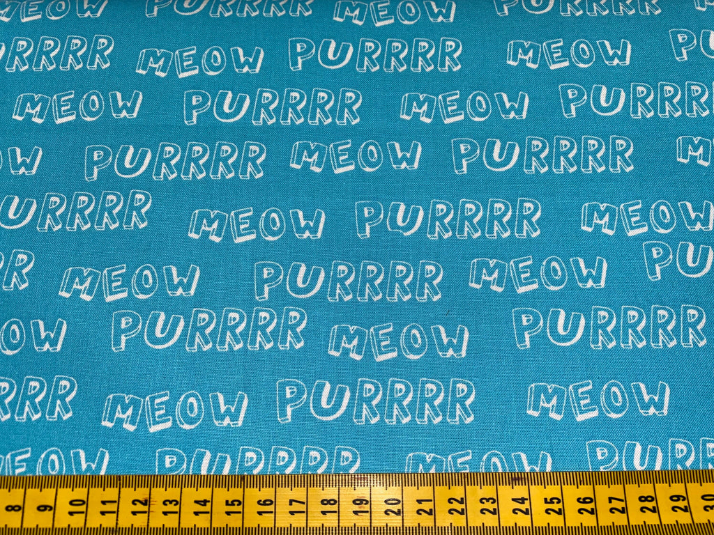 Purrr and Meow Fabric on Turquoise, Cutzie - 100% Cotton Fabric, 110cm width