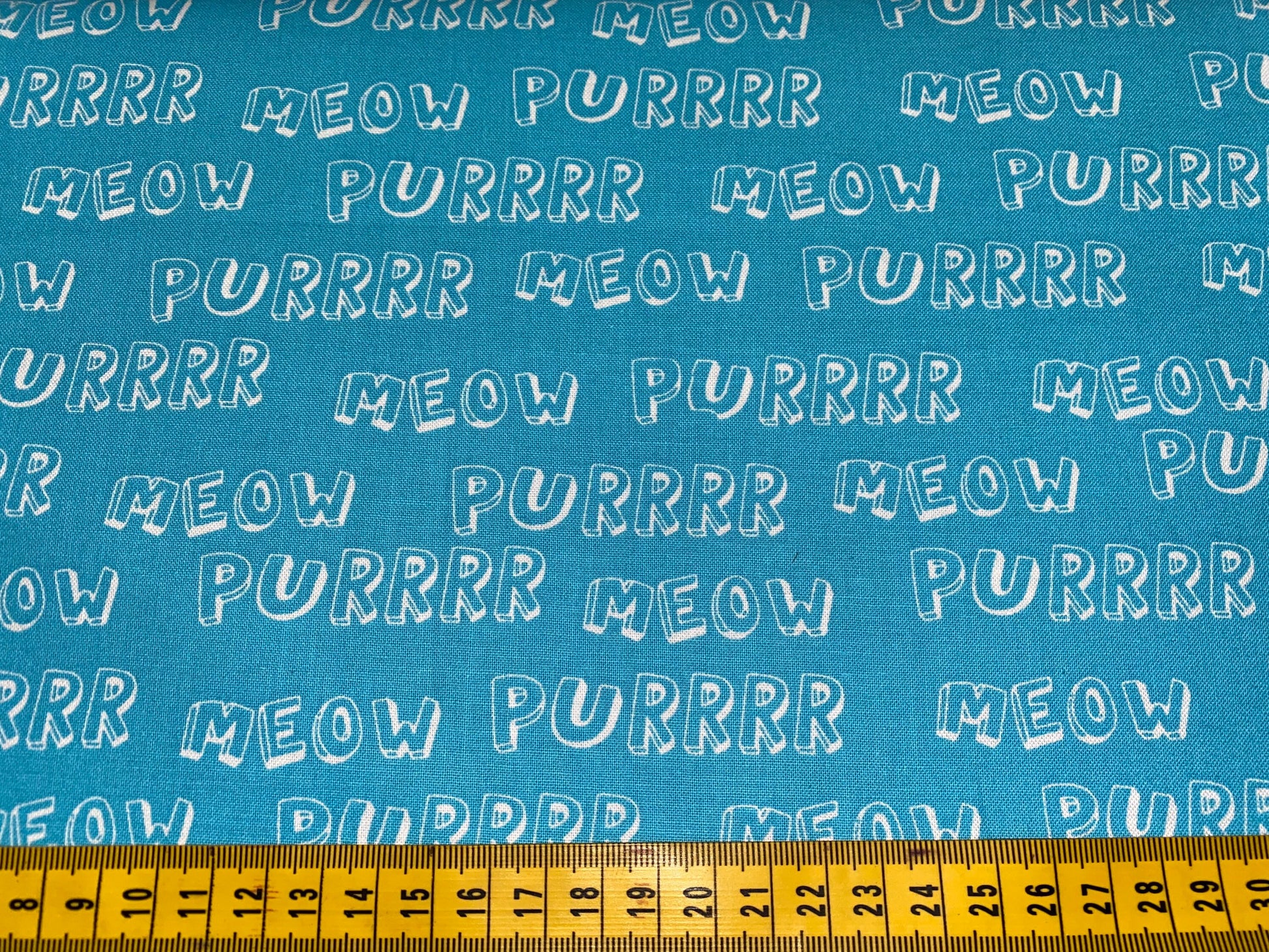 Purrr and Meow Fabric on Turquoise, Cutzie - 100% Cotton Fabric, 110cm width