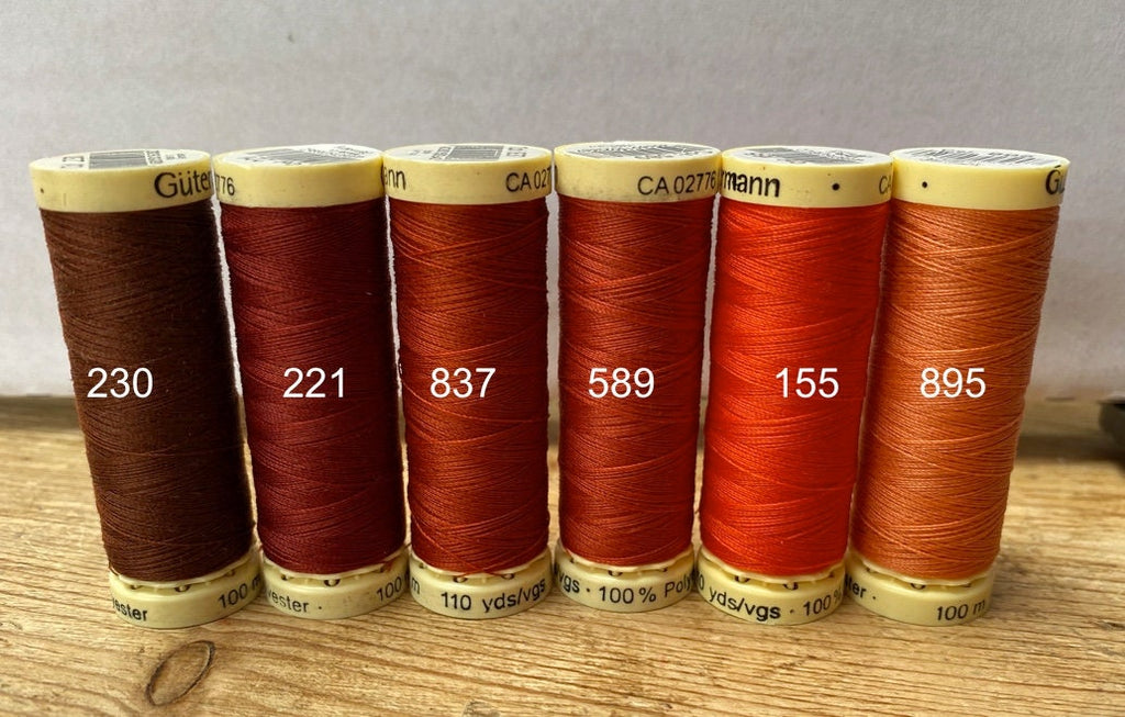 Gutterman sew all thread, orange tones, 100% Polyester, 100metres