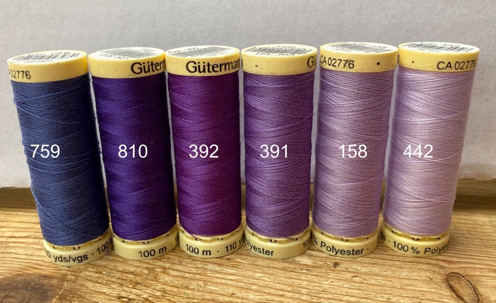 Gutterman sew all thread, purple shades, 100% Polyester, 100Metres