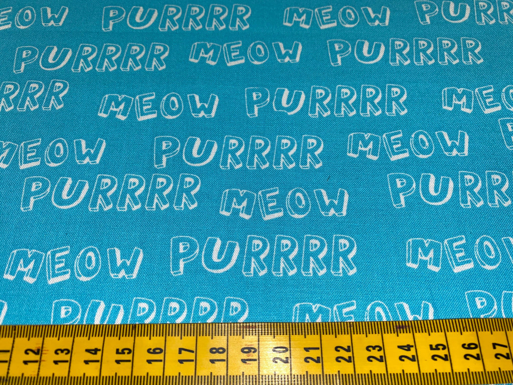 Purrr and Meow Fabric on Turquoise, Cutzie - 100% Cotton Fabric, 110cm width