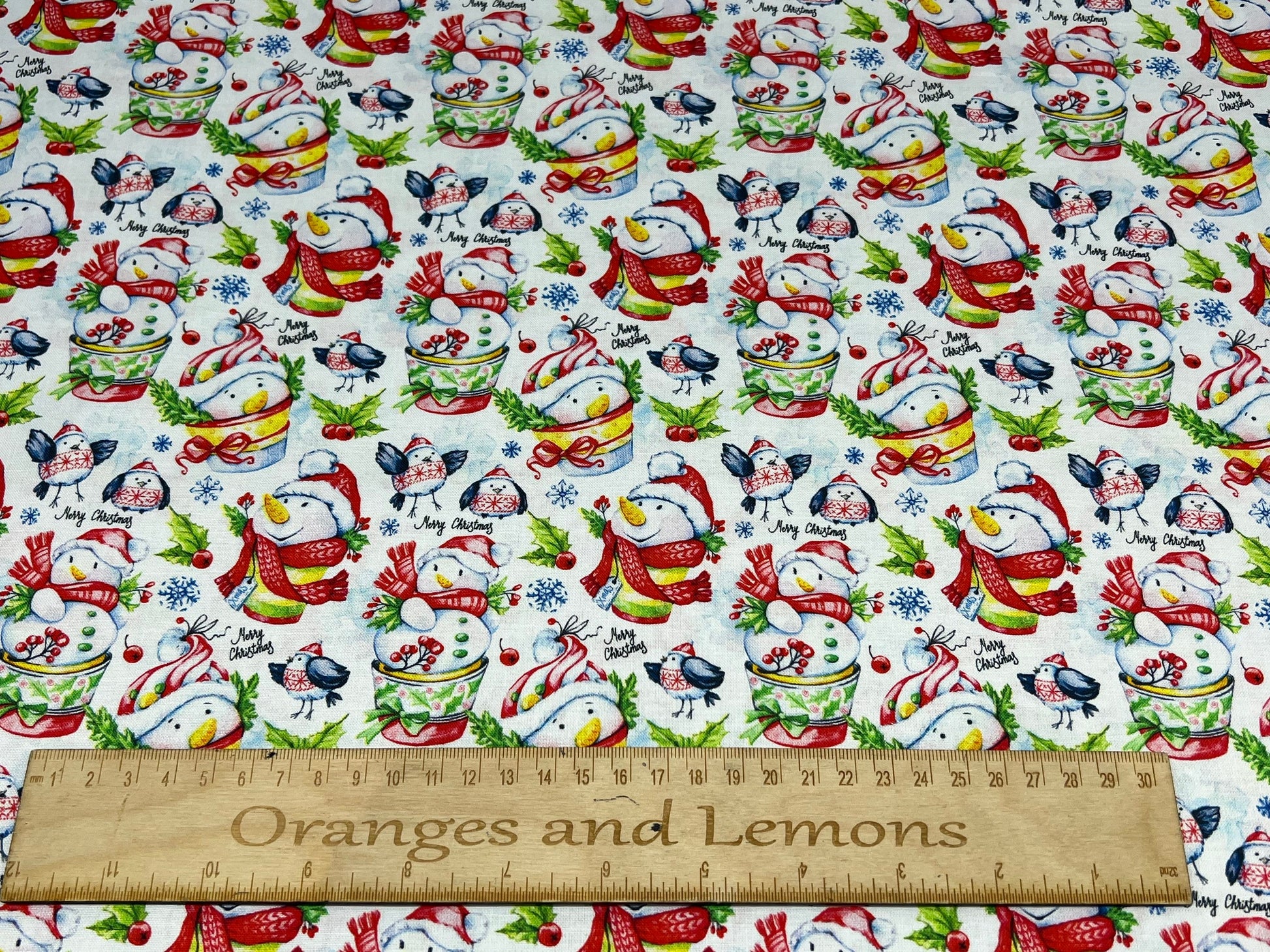 Christmas Snowman, Christmas fabric on White, 100% Cotton, 140cm width
