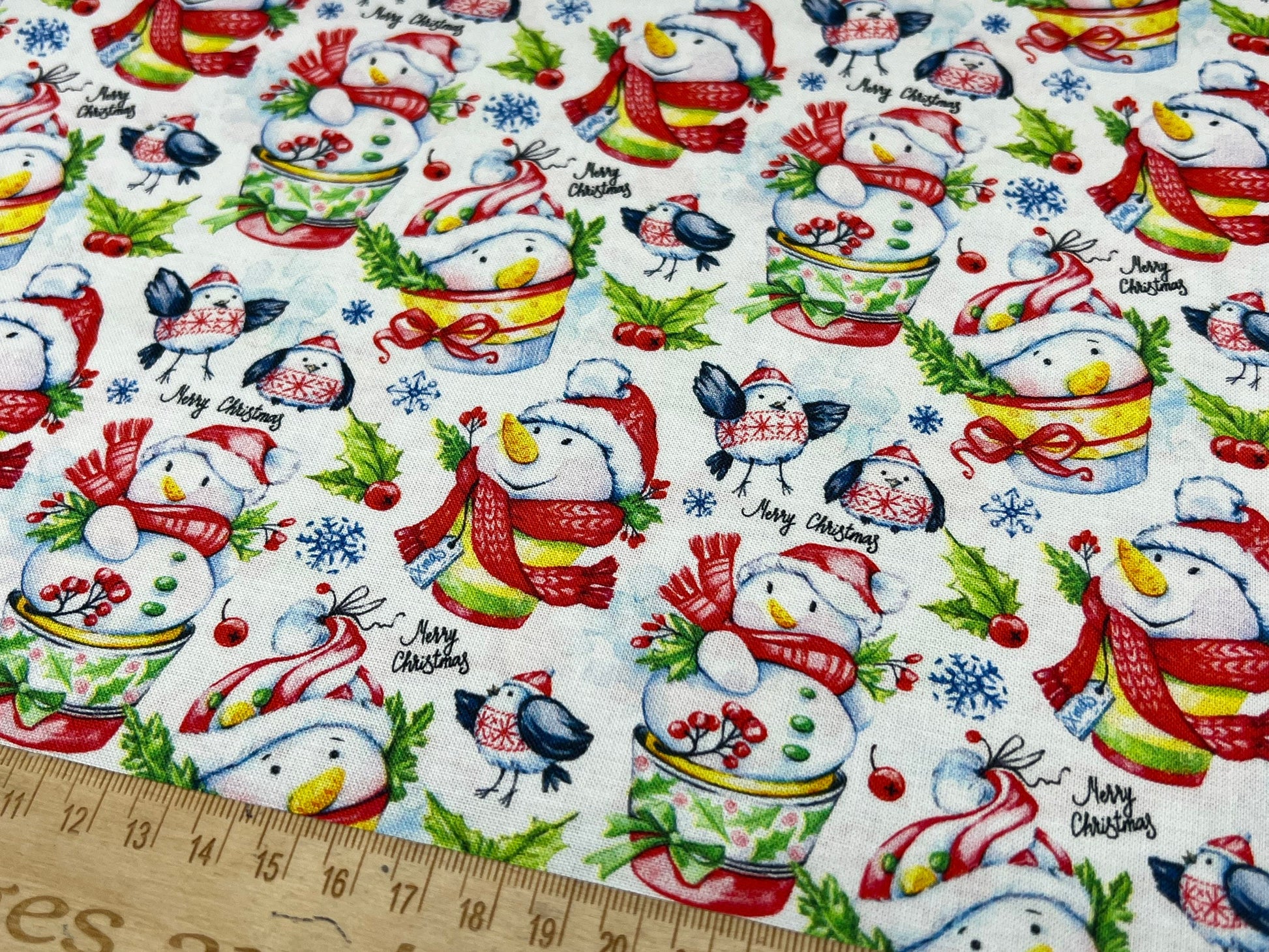 Christmas Snowman, Christmas fabric on White, 100% Cotton, 140cm width