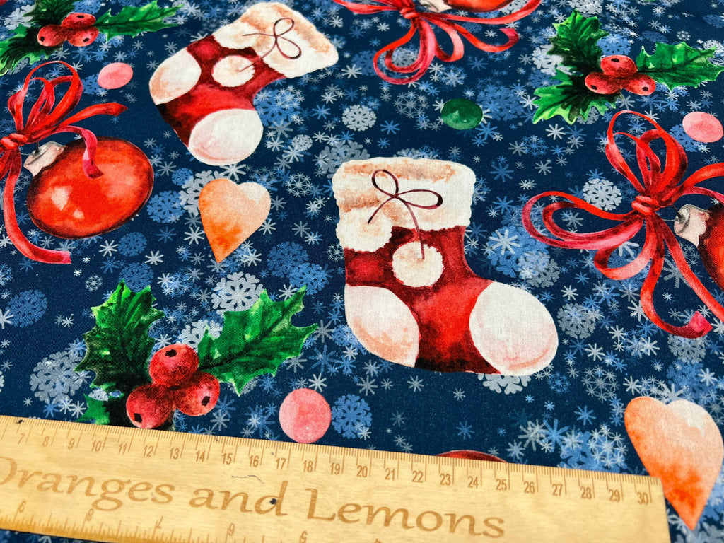 Christmas Stocking, Christmas fabric on White, 100% Cotton, 140cm width