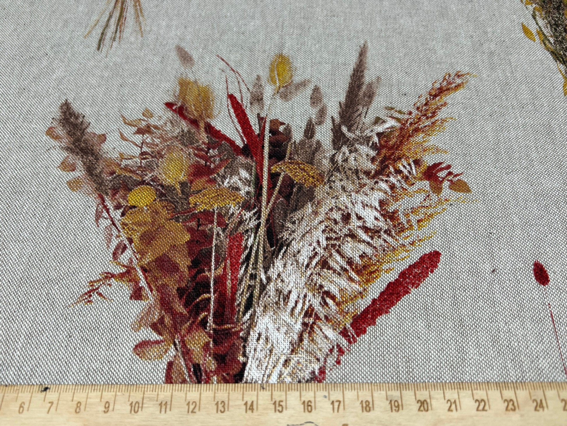 Flowers Print Fabric, beige linen look Fabric PER HALF METRE