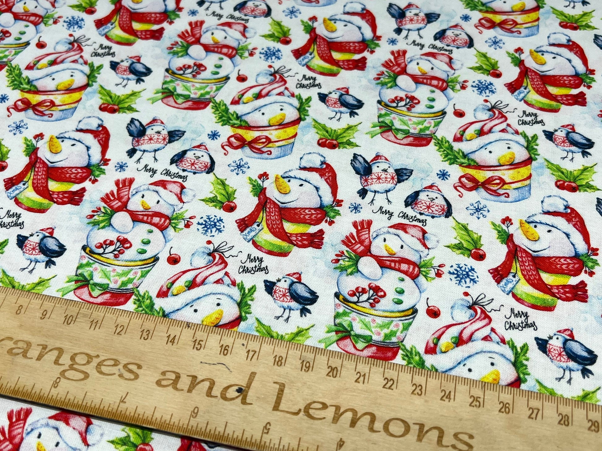 Christmas Snowman, Christmas fabric on White, 100% Cotton, 140cm width