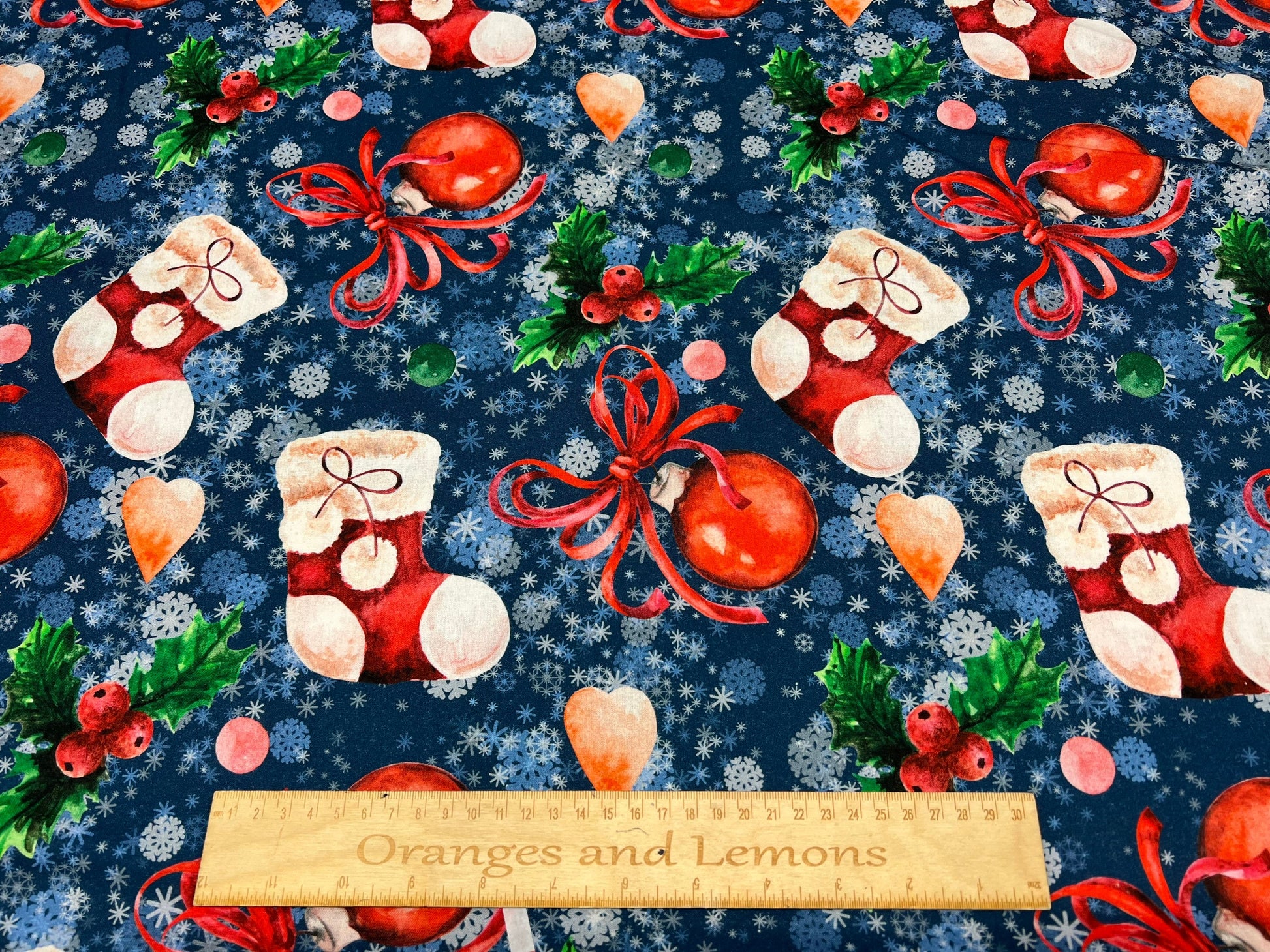 Christmas Stocking, Christmas fabric on White, 100% Cotton, 140cm width