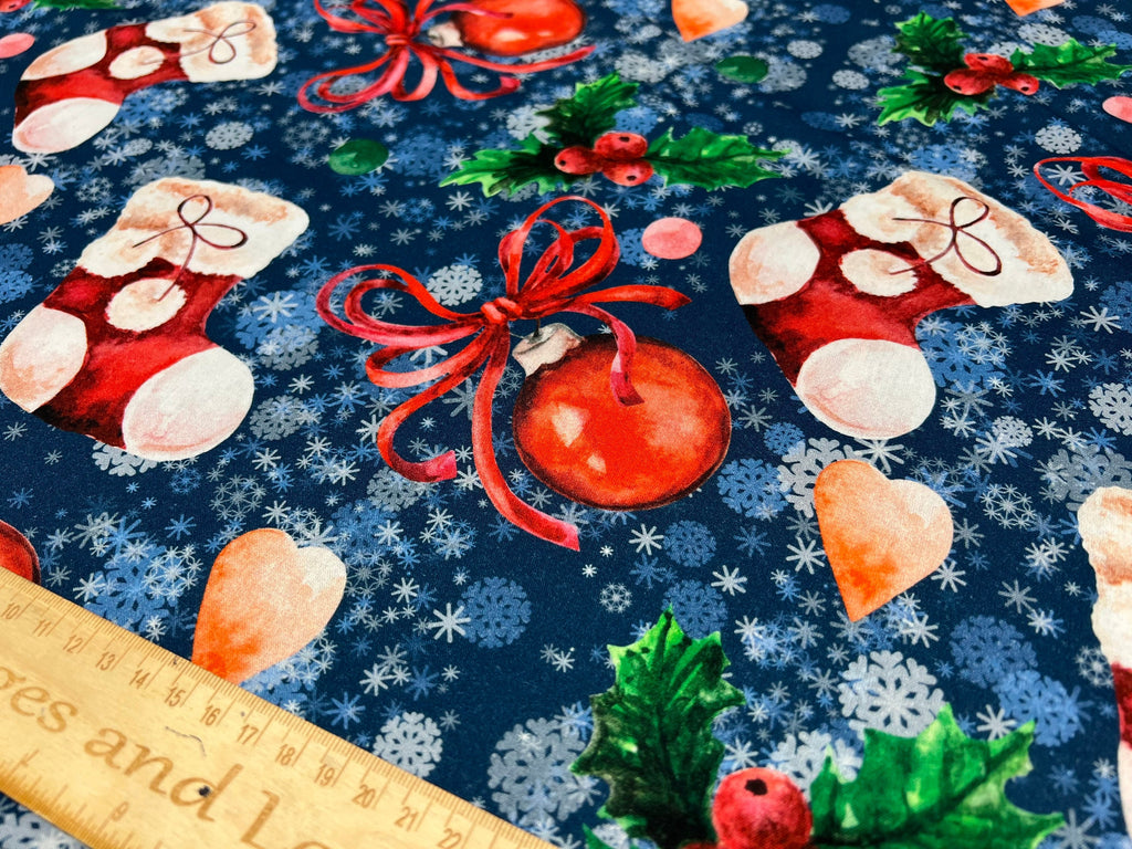 Christmas Stocking, Christmas fabric on White, 100% Cotton, 140cm width