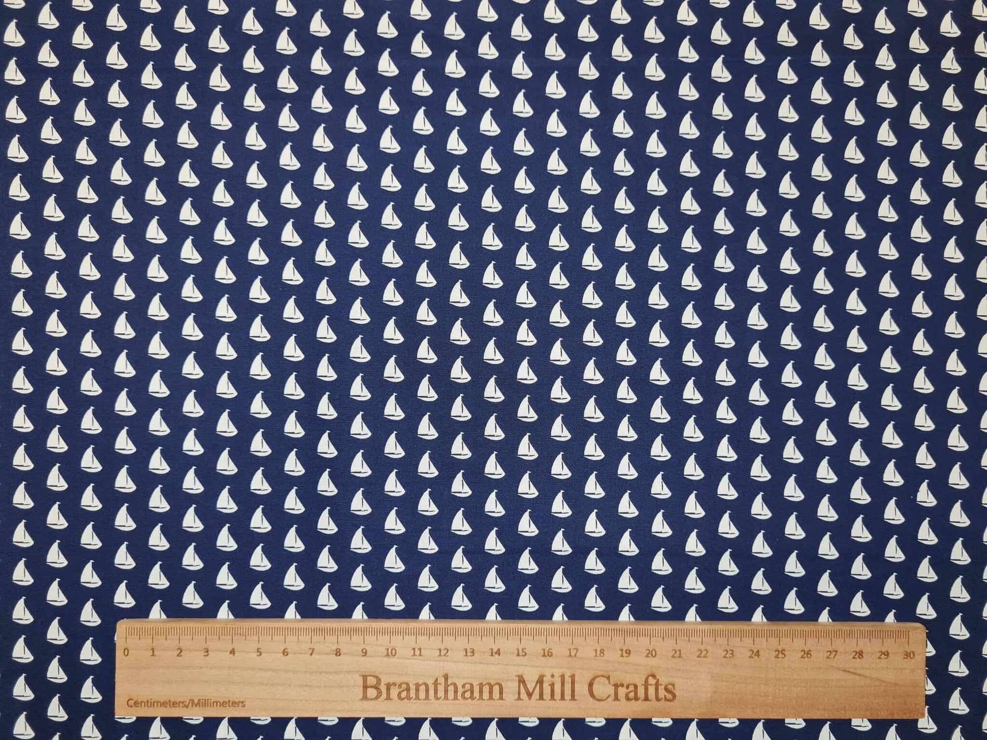 Navy Little Sailing Boat Print Fabric, 110cm width, 100% Cotton Poplin PER HALF METRE