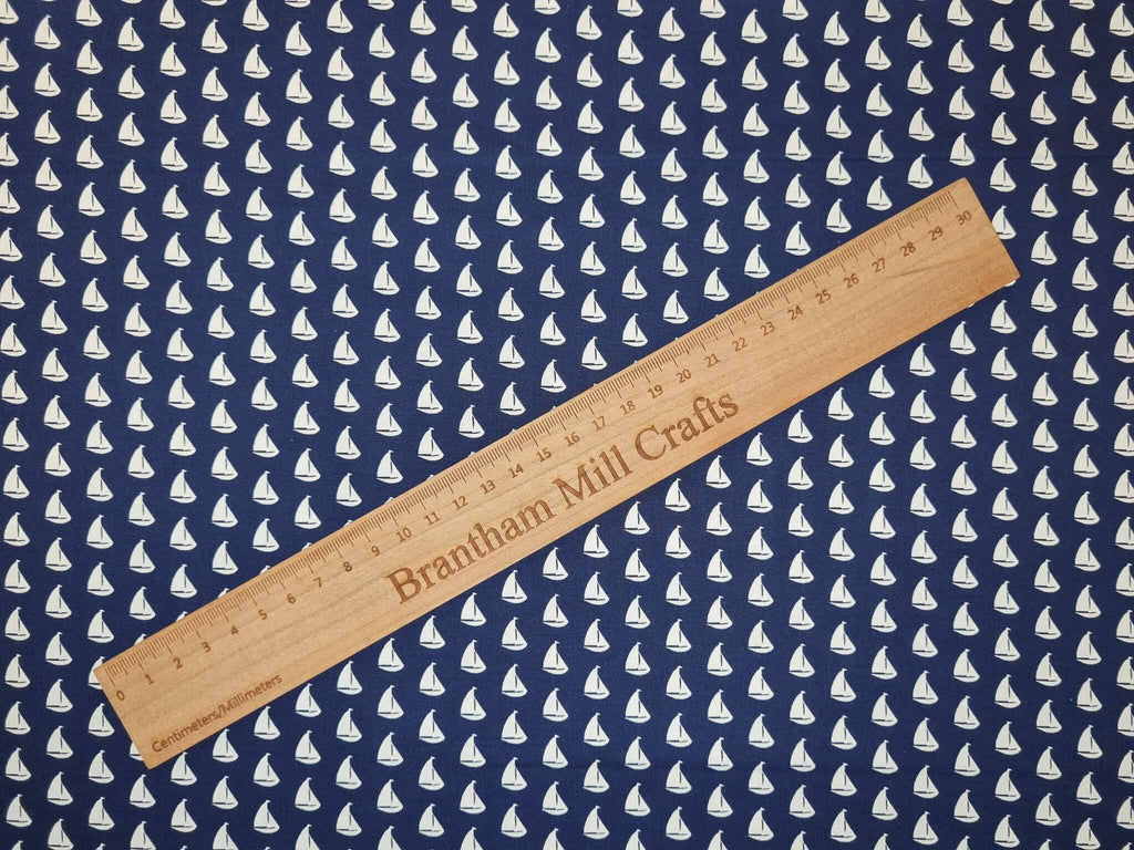 Navy Little Sailing Boat Print Fabric, 110cm width, 100% Cotton Poplin PER HALF METRE
