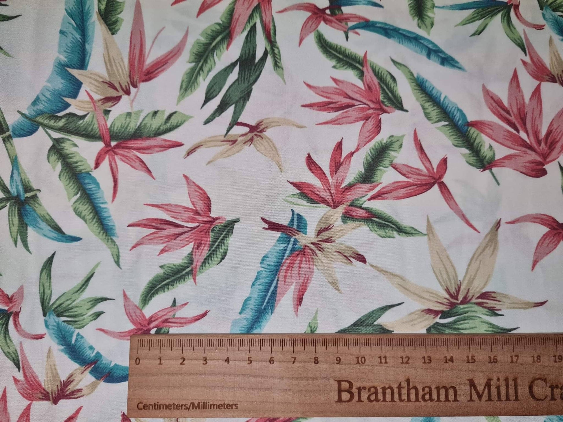 Coloured Leaf Print Fabric, White, 110cm width, 100% Cotton Poplin PER HALF METRE