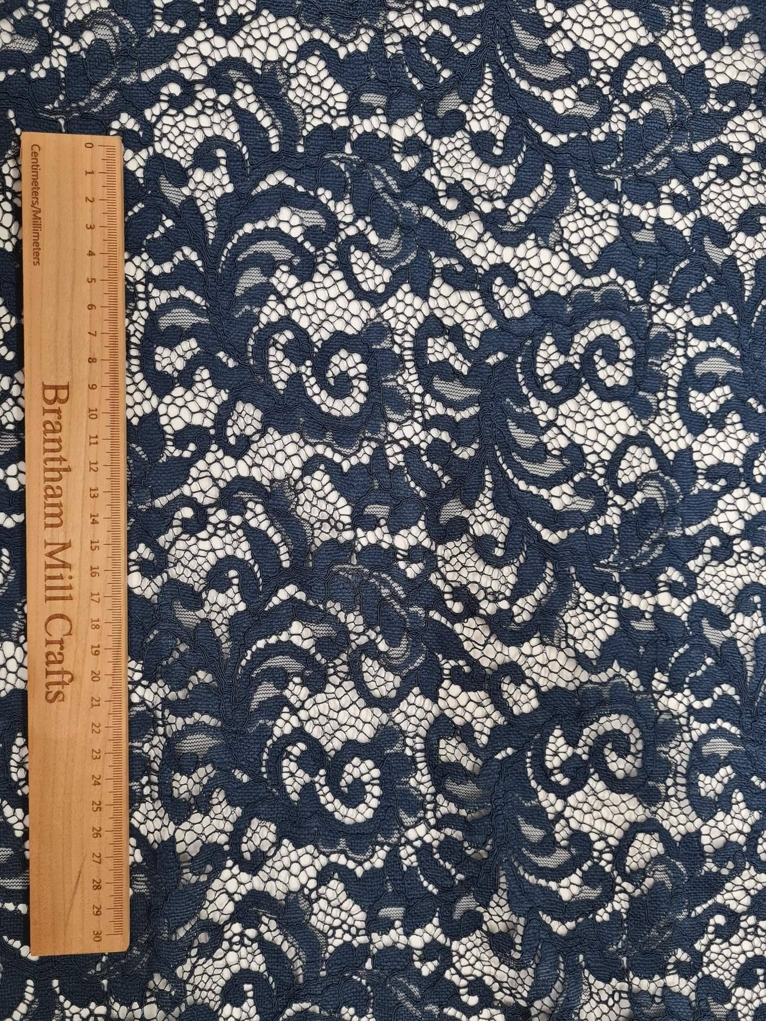 Navy Blue Corded Lace Fabric, 146cm width, 100% Polyester PER HALF METRE