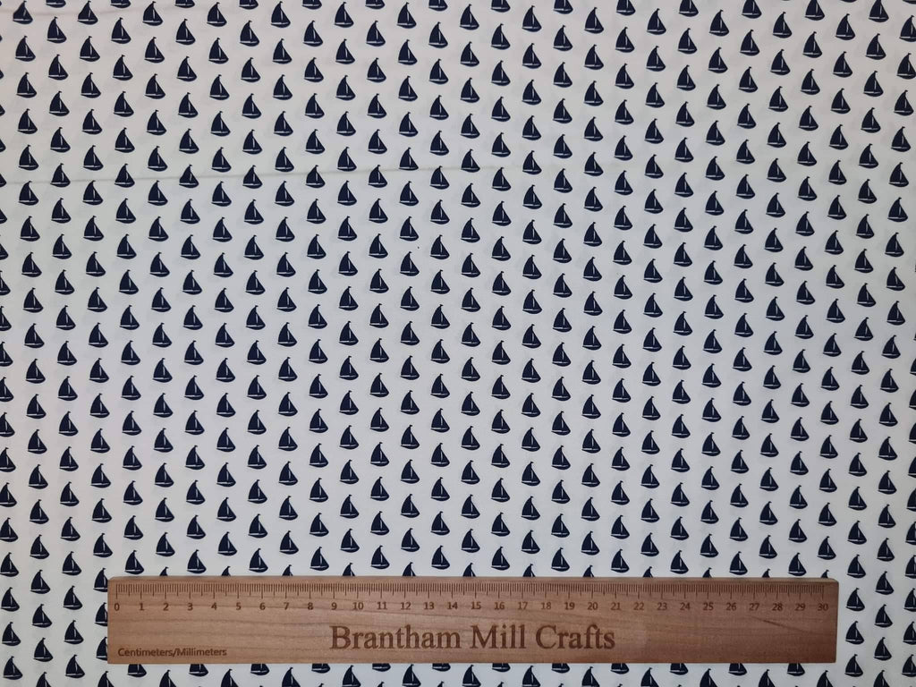 White Little Sailing Boat Print Fabric, 110cm width, 100% Cotton Poplin PER HALF METRE