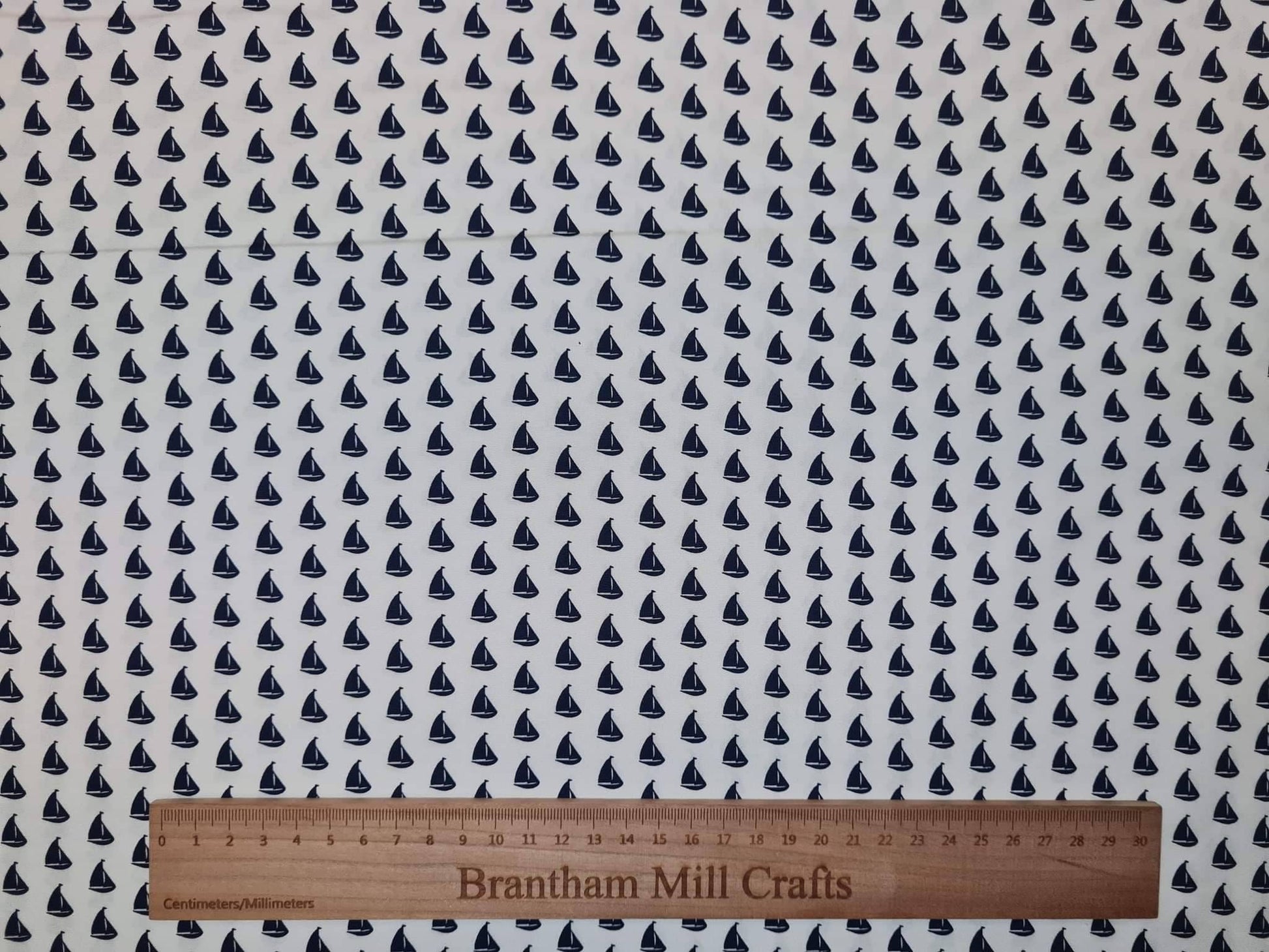 White Little Sailing Boat Print Fabric, 110cm width, 100% Cotton Poplin PER HALF METRE
