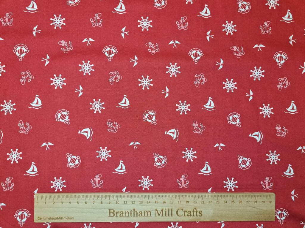 Red Nautical Print Fabric, 110cm width, 100% Cotton Poplin PER HALF METRE