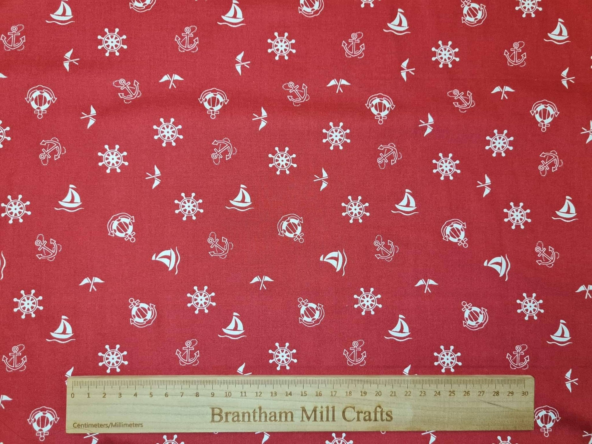 Red Nautical Print Fabric, 110cm width, 100% Cotton Poplin PER HALF METRE