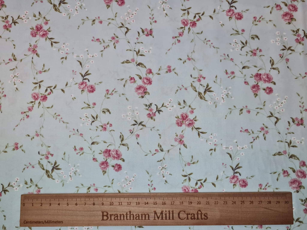 Pale Blue Floral Print Fabric, 110cm width, 100% Cotton Poplin PER HALF METRE