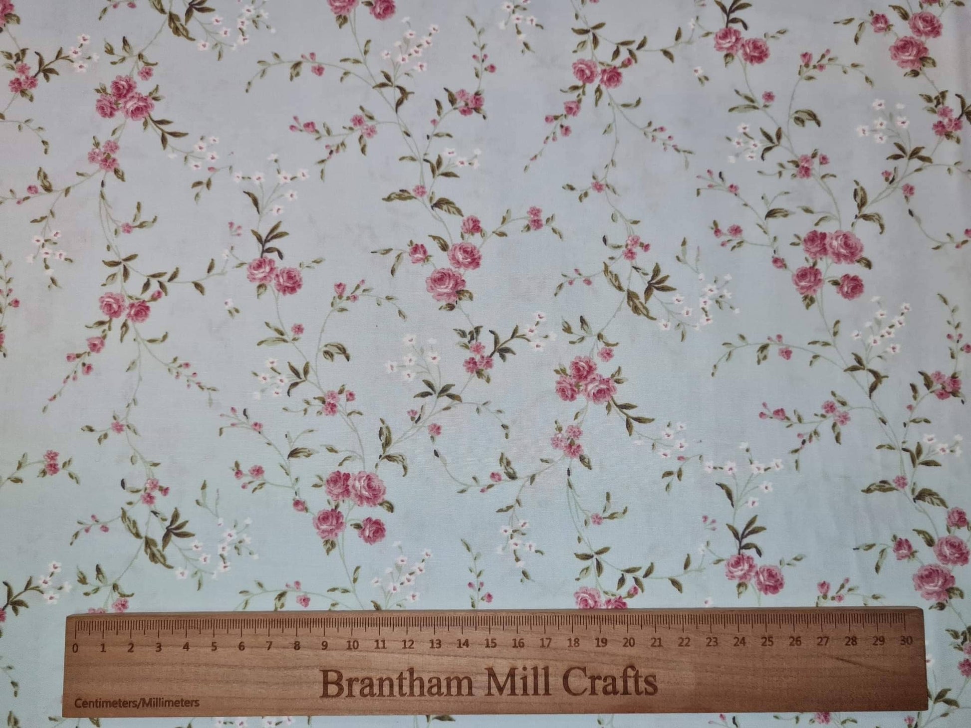 Pale Blue Floral Print Fabric, 110cm width, 100% Cotton Poplin PER HALF METRE