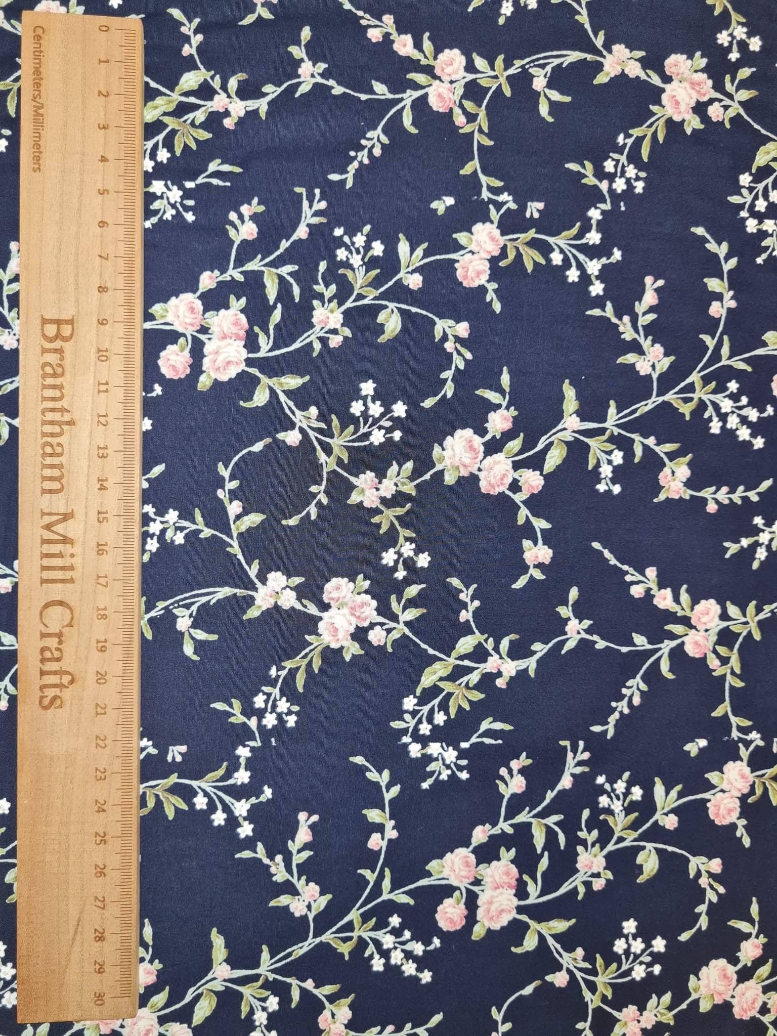 Navy Blue Floral Print Fabric, 110cm width, 100% Cotton Poplin PER HALF METRE