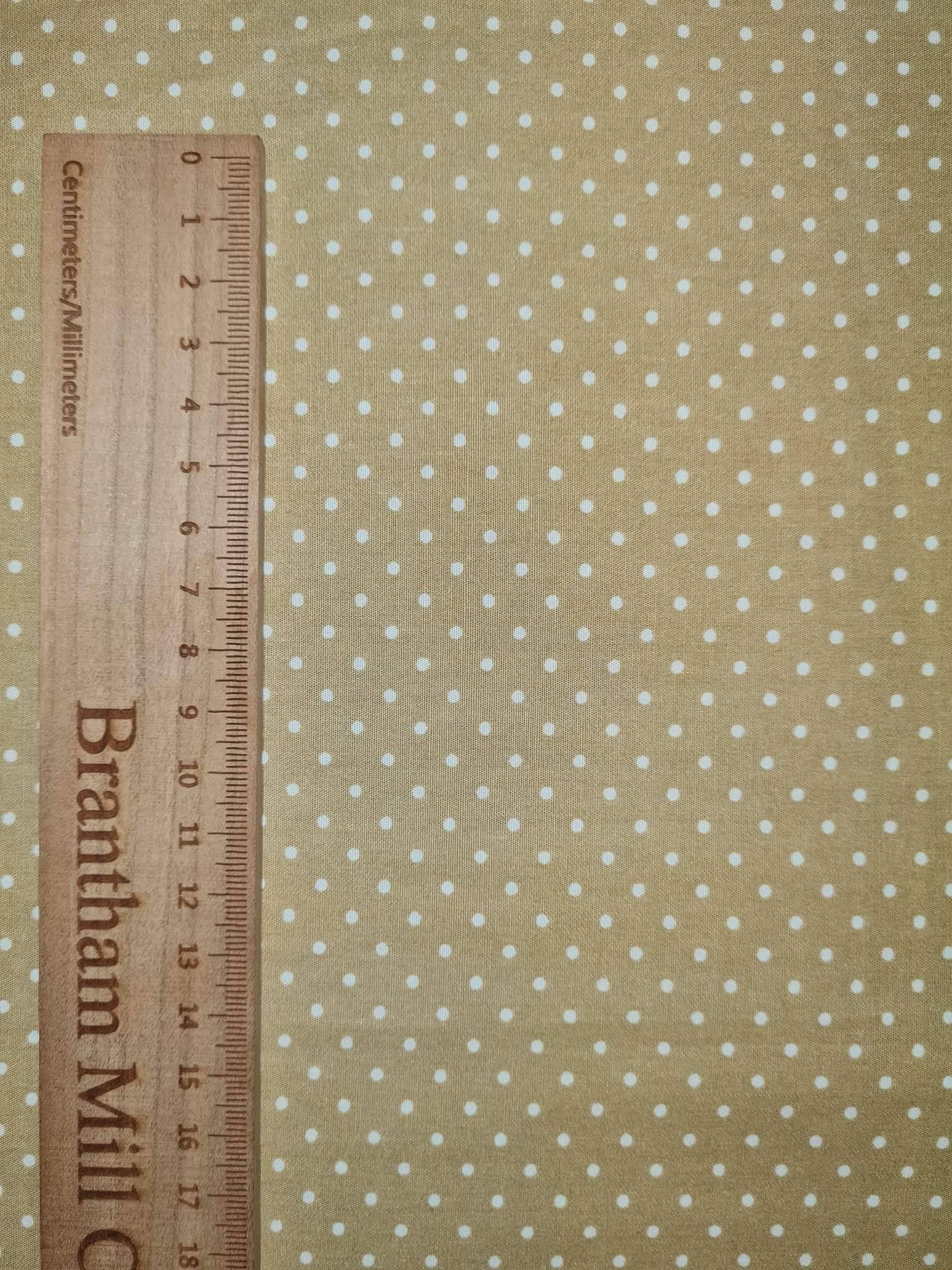 Khaki Polka Dot Print Fabric, 110cm width, 100% Cotton Poplin PER HALF METRE