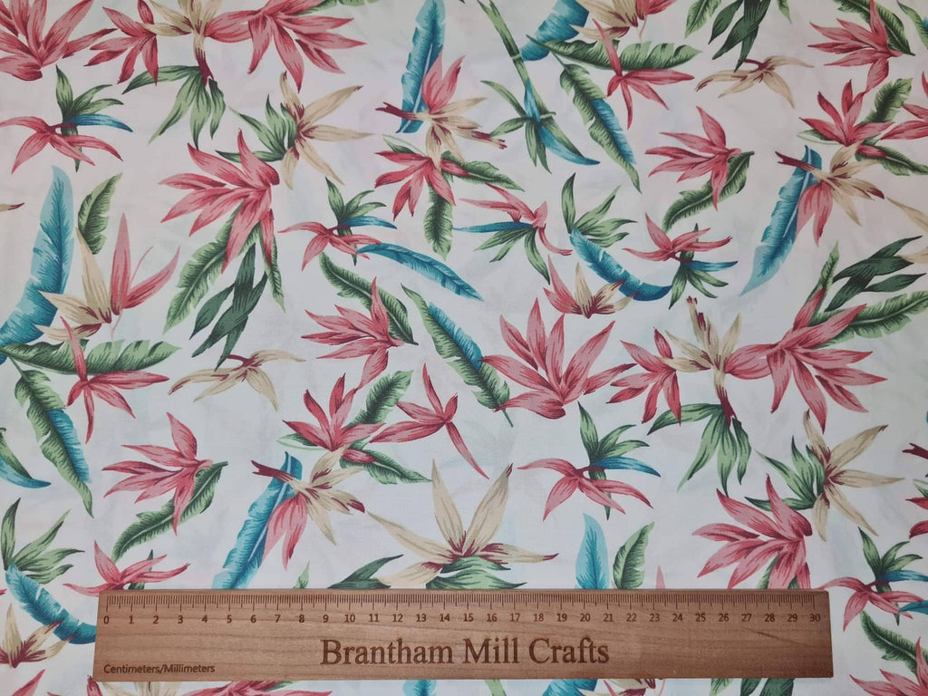 Coloured Leaf Print Fabric, White, 110cm width, 100% Cotton Poplin PER HALF METRE