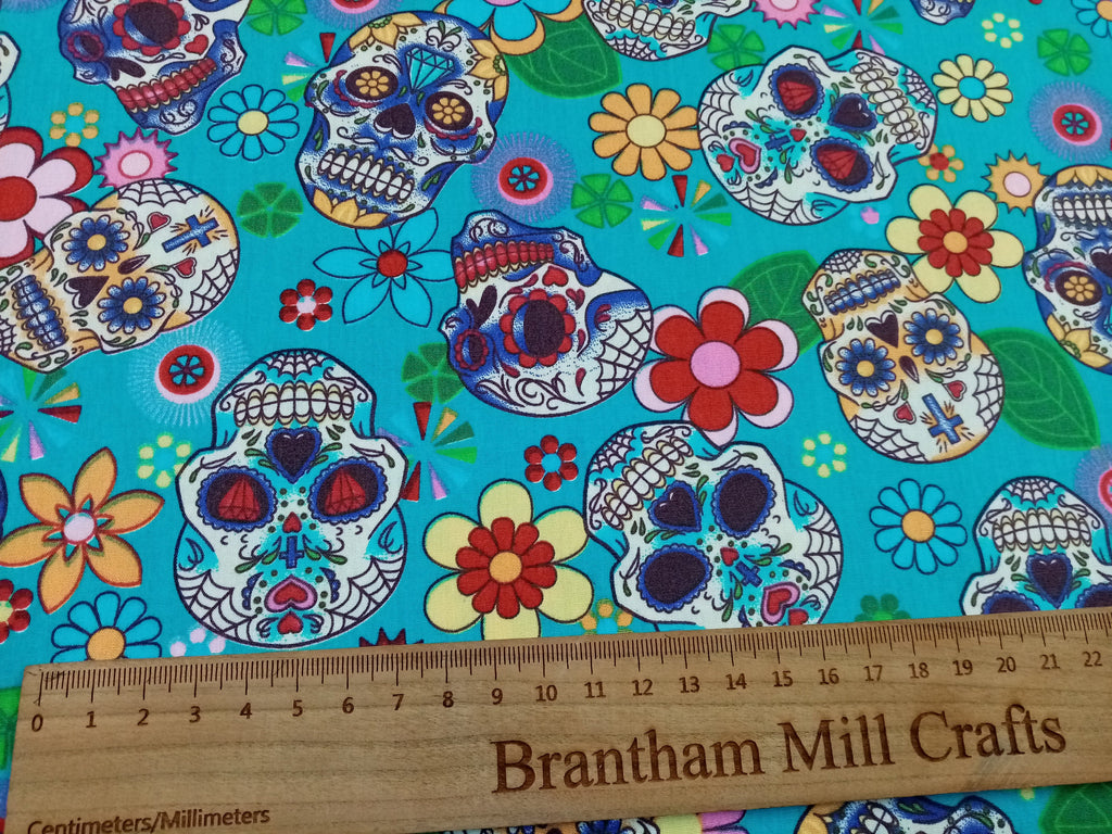 Sugar Skulls, Blue, Print Fabric, 110cm width, 100% Cotton Poplin PER HALF METRE