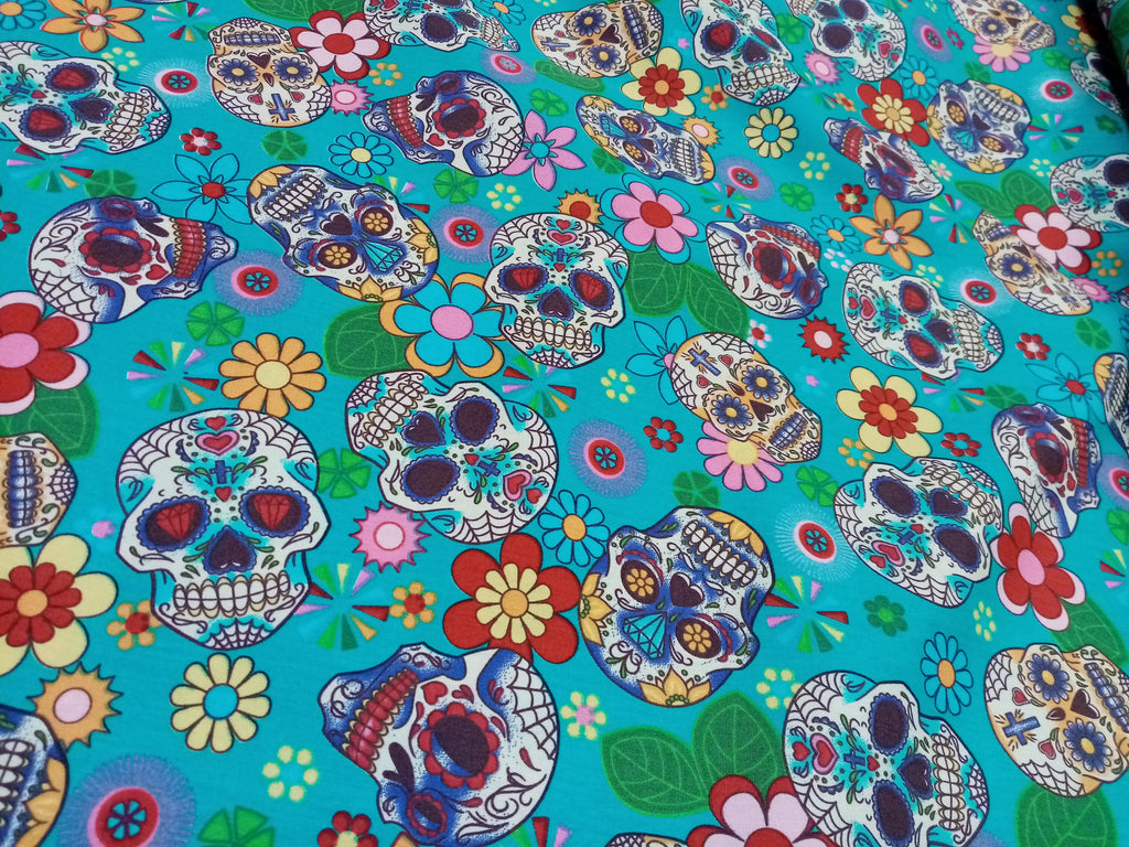 Sugar Skulls, Blue, Print Fabric, 110cm width, 100% Cotton Poplin PER HALF METRE