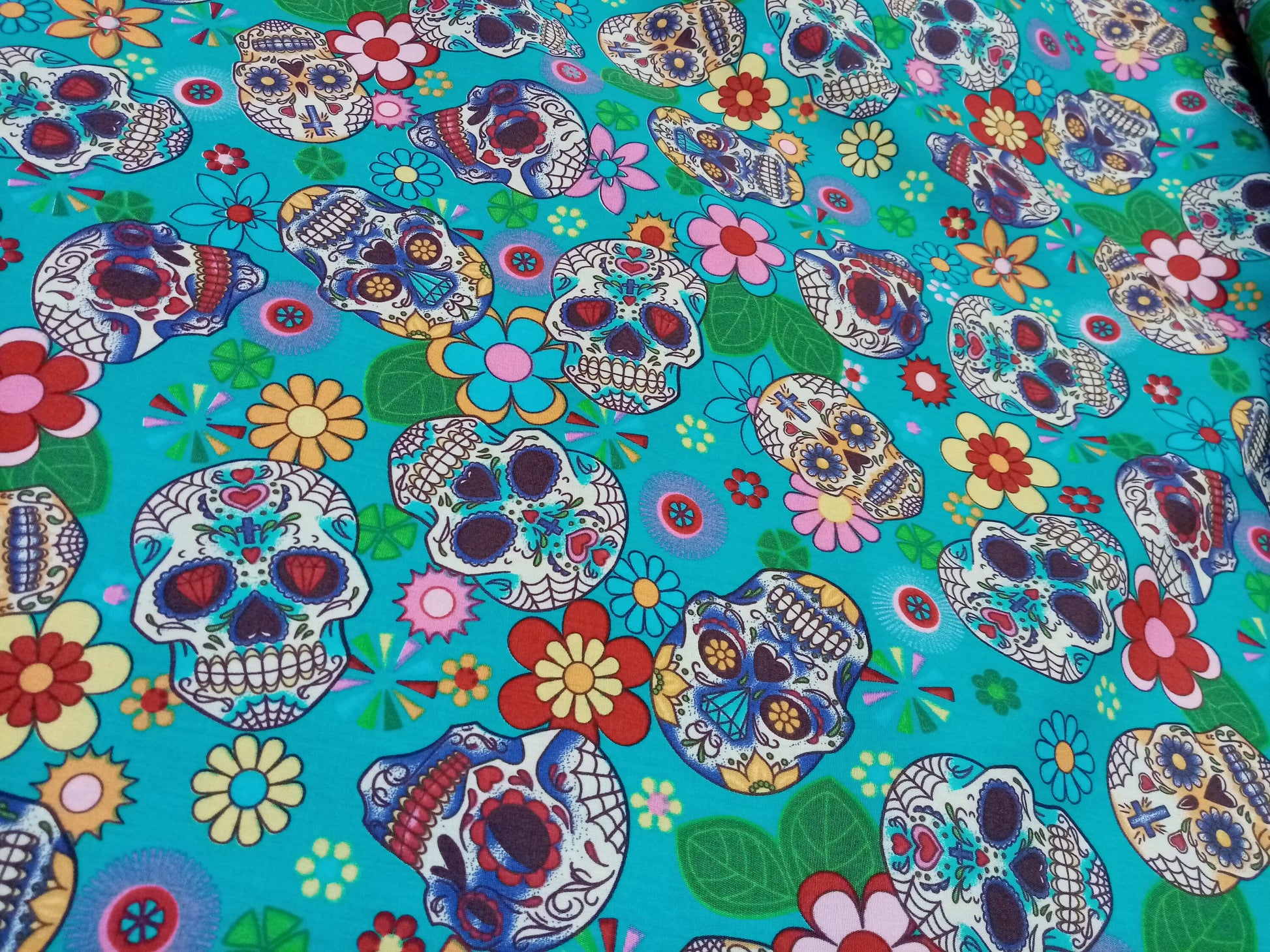 Sugar Skulls, Blue, Print Fabric, 110cm width, 100% Cotton Poplin PER HALF METRE