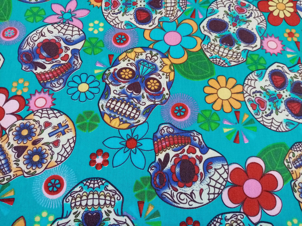 Sugar Skulls, Blue, Print Fabric, 110cm width, 100% Cotton Poplin PER HALF METRE