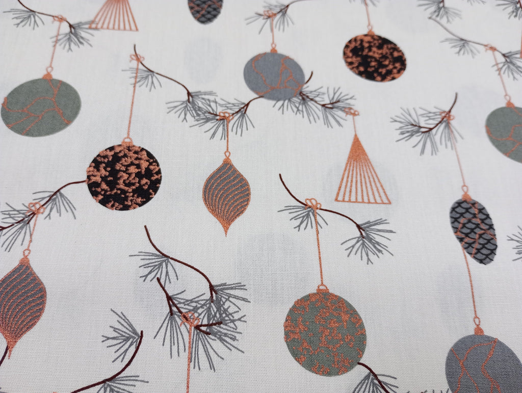 Christmas Baubles, Off White, 100% Cotton Fabric, 140cm width