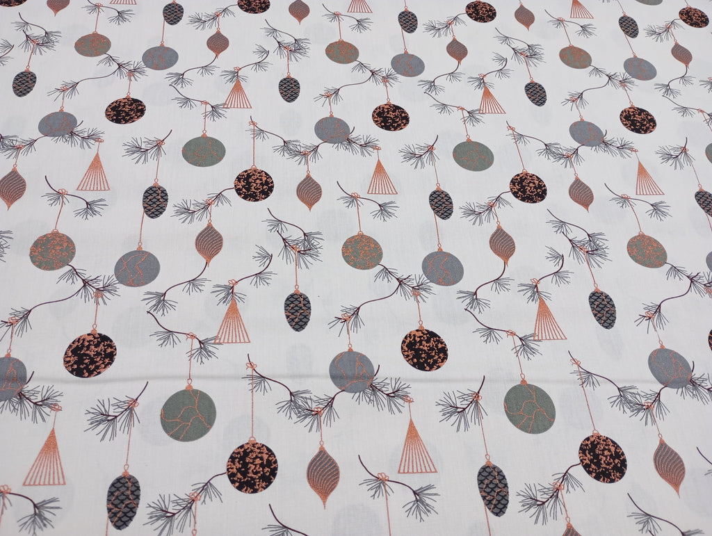 Christmas Baubles, Off White, 100% Cotton Fabric, 140cm width