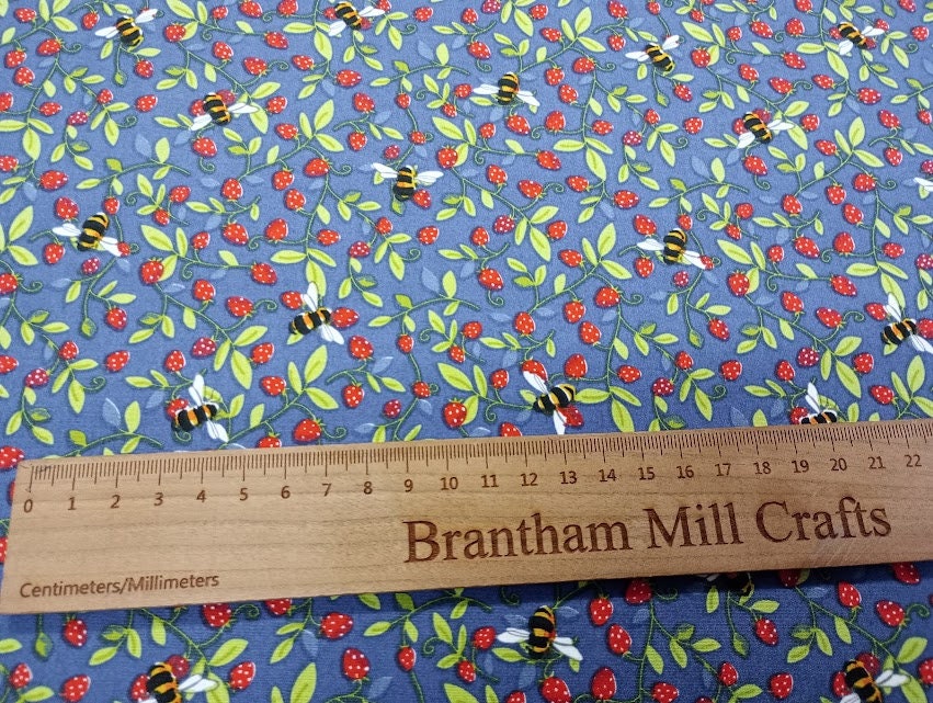 Rose & Hubble Navy Strawberry and Bee Fabric, 110cm width, 100% Cotton Poplin PER HALF METRE