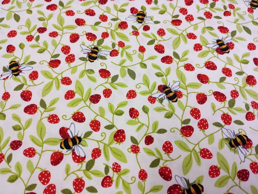 Rose & Hubble Ivory Strawberry and Bee Fabric, 110cm width, 100% Cotton Poplin PER HALF METRE