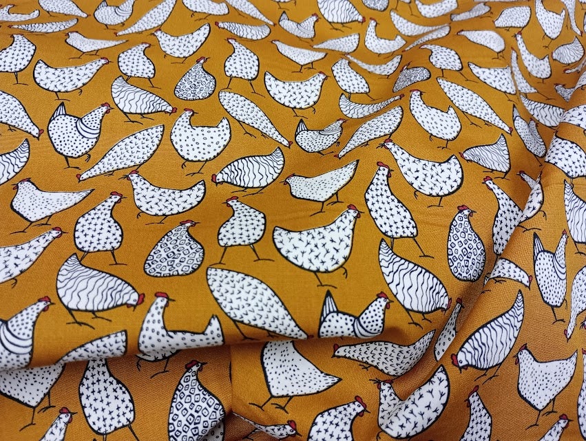 Rose & Hubble Ochre, Chicken/Hen Fabric, 110cm width, 100% Cotton Poplin PER HALF METRE