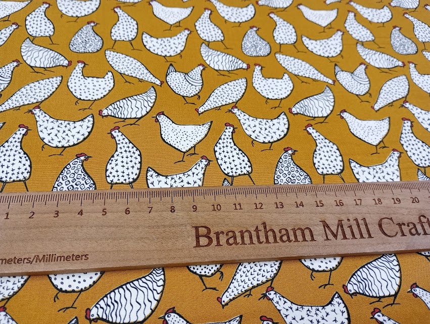Rose & Hubble Ochre, Chicken/Hen Fabric, 110cm width, 100% Cotton Poplin PER HALF METRE