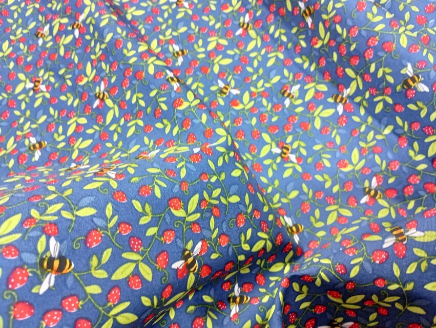 Rose & Hubble Navy Strawberry and Bee Fabric, 110cm width, 100% Cotton Poplin PER HALF METRE