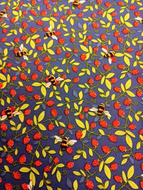 Rose & Hubble Navy Strawberry and Bee Fabric, 110cm width, 100% Cotton Poplin PER HALF METRE
