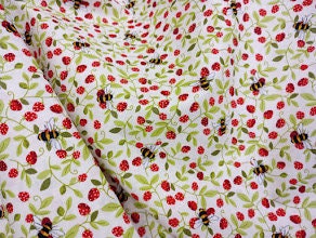 Rose & Hubble Ivory Strawberry and Bee Fabric, 110cm width, 100% Cotton Poplin PER HALF METRE