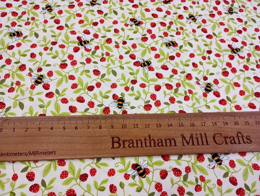 Rose & Hubble Ivory Strawberry and Bee Fabric, 110cm width, 100% Cotton Poplin PER HALF METRE