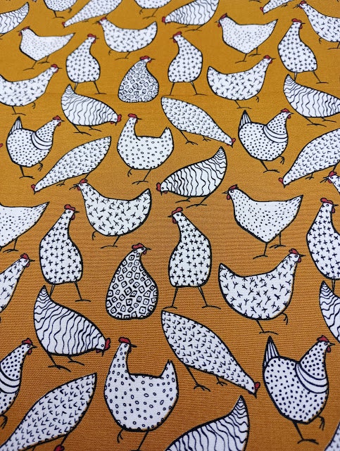 Rose & Hubble Ochre, Chicken/Hen Fabric, 110cm width, 100% Cotton Poplin PER HALF METRE