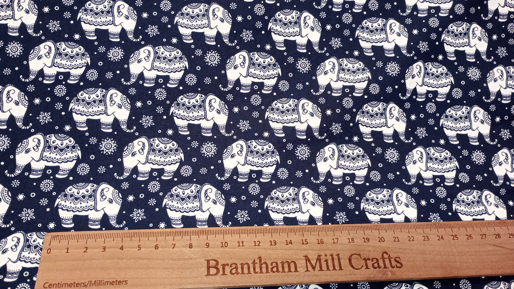 Rose & Hubble, Ivory on Navy, Elephant Fabric, 110cm width, 100% Cotton Poplin PER HALF METRE