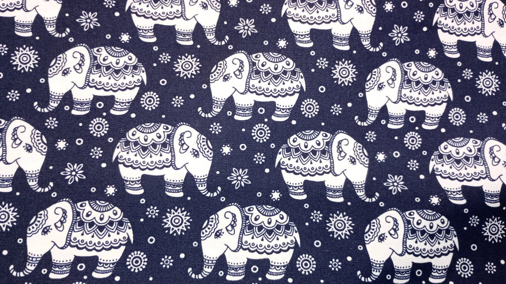 Rose & Hubble, Ivory on Navy, Elephant Fabric, 110cm width, 100% Cotton Poplin PER HALF METRE