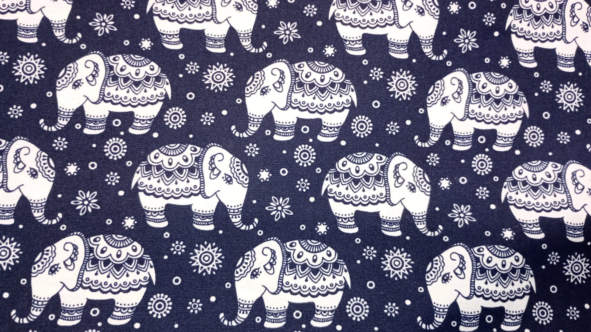 Rose & Hubble, Ivory on Navy, Elephant Fabric, 110cm width, 100% Cotton Poplin PER HALF METRE