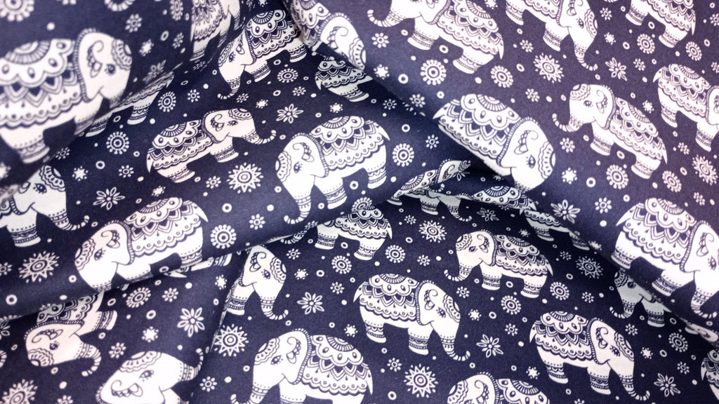 Rose & Hubble, Ivory on Navy, Elephant Fabric, 110cm width, 100% Cotton Poplin PER HALF METRE