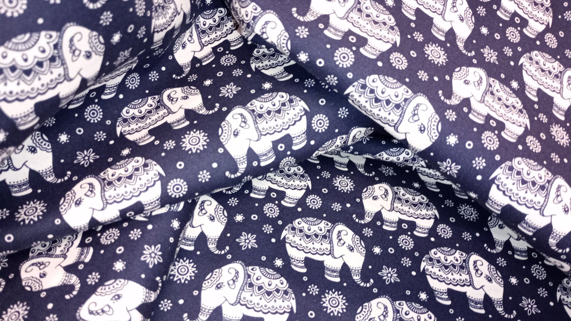 Rose & Hubble, Ivory on Navy, Elephant Fabric, 110cm width, 100% Cotton Poplin PER HALF METRE
