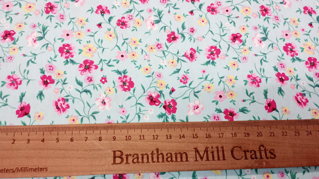 Rose & Hubble, Sky Floral Fabric, 110cm width, 100% Cotton Poplin PER HALF METRE