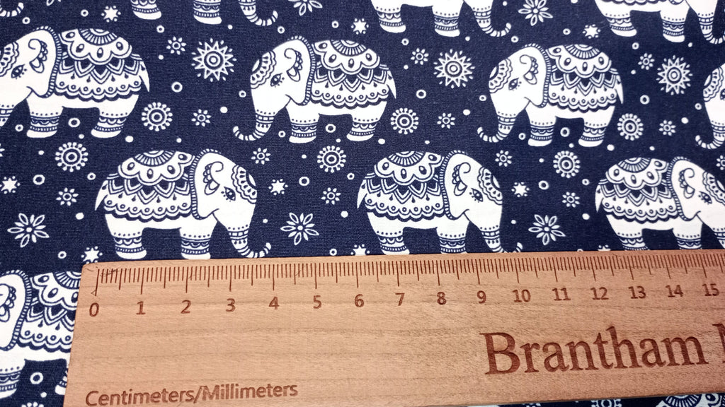 Rose & Hubble, Ivory on Navy, Elephant Fabric, 110cm width, 100% Cotton Poplin PER HALF METRE